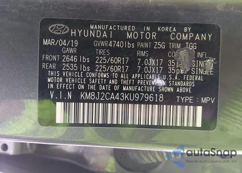 2019 Hyundai Tucson Se из США, поврежденный, VIN KM8J2CA43KU979618